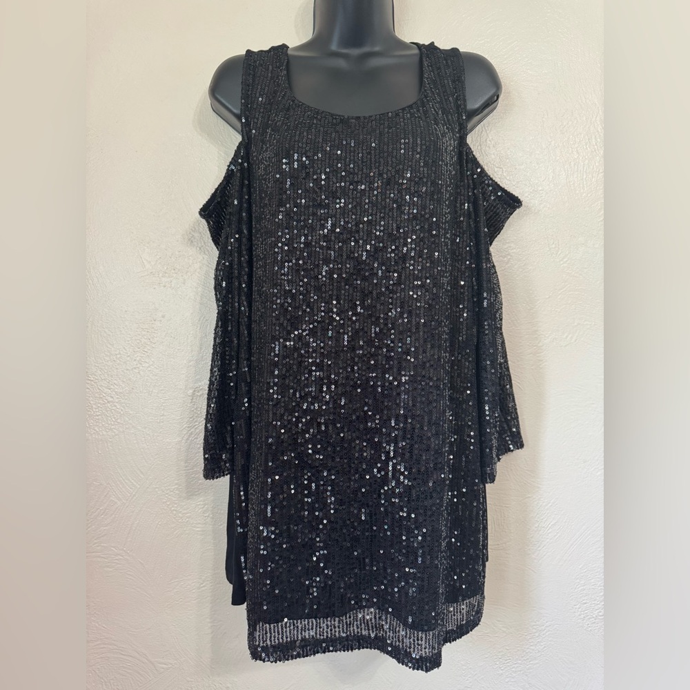 JM Collection Black Sequin Cold-Shoulder Top 0511